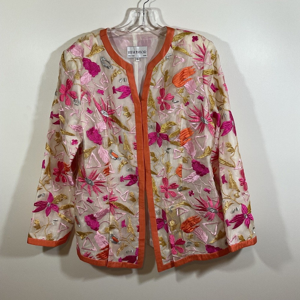 Lily & Taylor Silk Embroidered Floral Jacket 12 Pink Orange Metallic Vintage